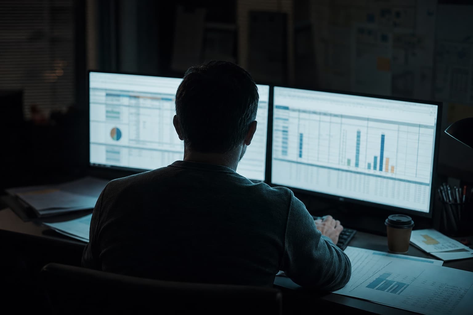 An owner working late at night across two glowing monitors full of spreadsheets