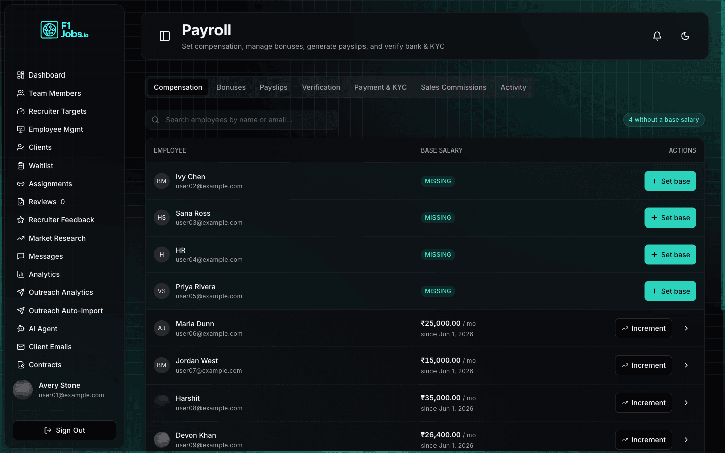 Payroll console with compensation records and verification tabs